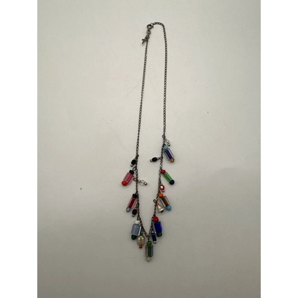 Vintage Style‎ Multi Color Glass Bead Charm Necklace Silver Tone Cross